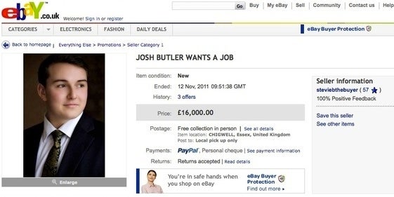 Josh Butler platzierte seinen Online-Lebenslauf einfach auf eBay und versteigerte seine Arbeitskraft höchstbietend.