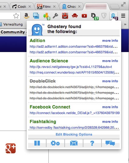 Plugins wie Ghostery zeigen dem Nutzer, wie oft er Spuren im Web hinterlässt und hilft, das zu unterbinden. Ein Dutzend oder mehr Tracking-Dienste auf einer Seite sind keine Seltenheit.