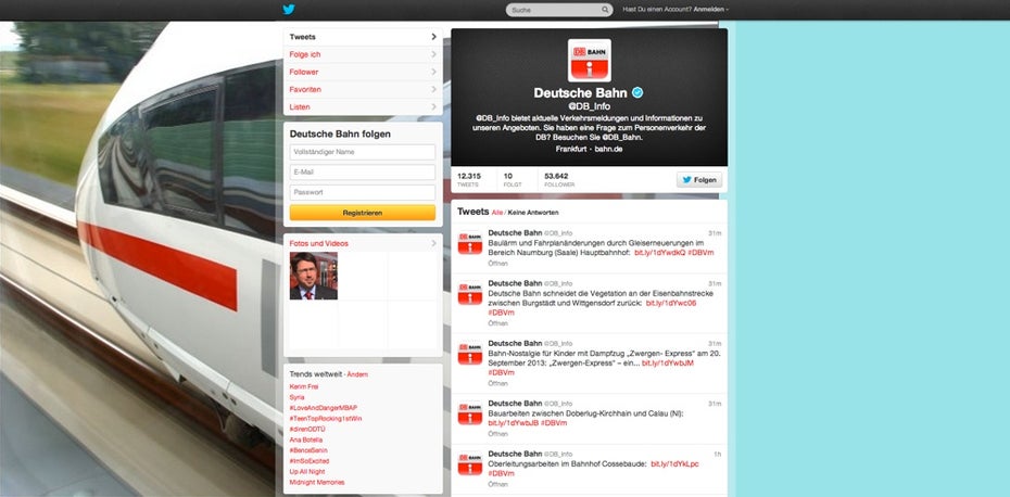 Der Twitter-Account der Deutschen Bahn. (Screenshot: Twitter)