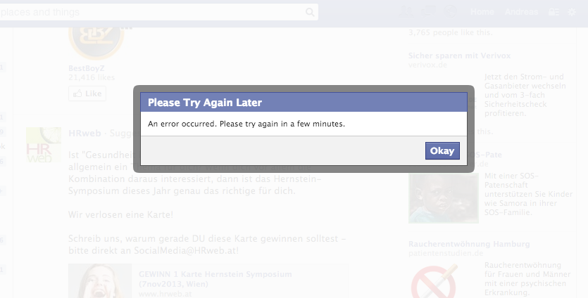 Facebook kämpft mit technischen Problemen: Interaktionen sind nicht möglich. (Bild: Facebook)