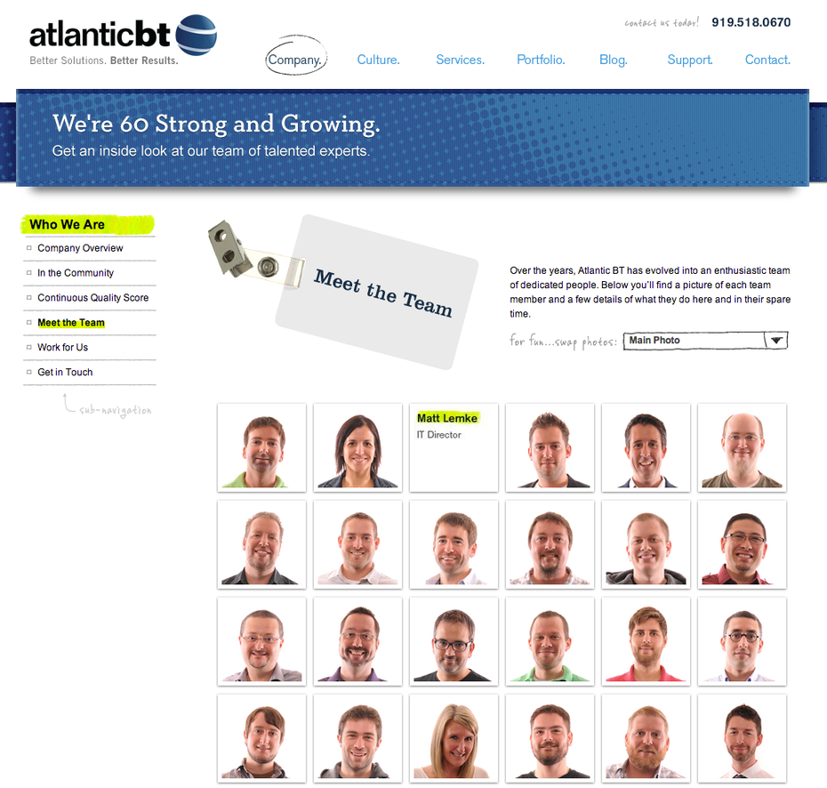 Klickt man auf einen Mitarbeiter von AtlanticBT, zieht der den Kopf ein und man bekommt Infos präsentiert.