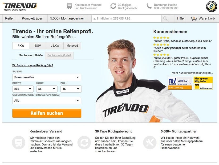 Die ursprüngliche Landingpage von Tirendo. (Quelle: Optimizely)