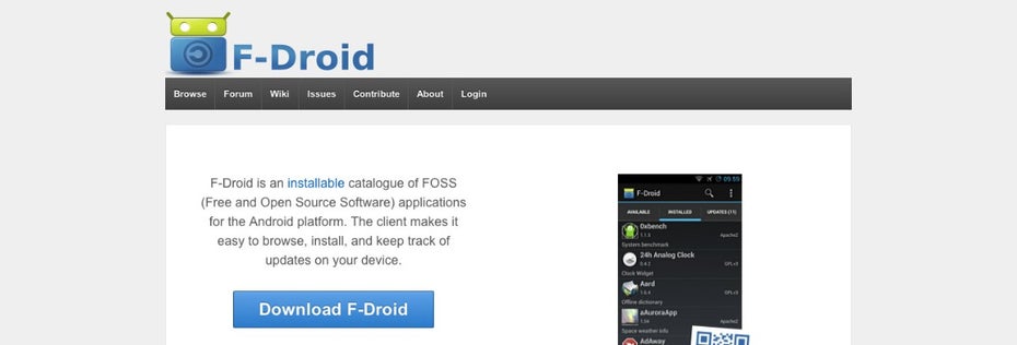 Kostenlose Android-App: Bei F-Droid findet ausschließlich Open-Source-Apps. (Screenshot: F-Droid)