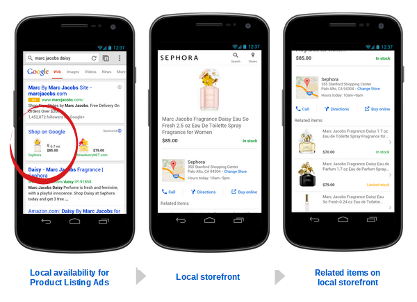 So sieht ein lokales Suchergebnis in den Google PLAs auf dem Smartphone aus. (Screenshot: Google)