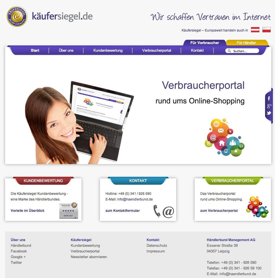 Kundenbewertungen: Der Händlerbund bietet eine Informationsseite für Verbraucher und Händler. (Screenshot: Kaeufersiegel.de)