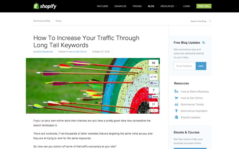 Der Blog von Shopify überzeugt mit interessanten Tipps zu Marketing und E-Commerce. (Screenshot: Shopify)
