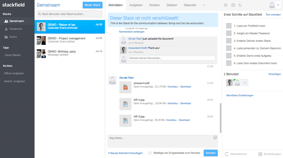 Enterprise-Social-Network Stackfield: Clientseitige Verschlüsselung bietet Sicherheit. (Screenshot: Stackfield) 