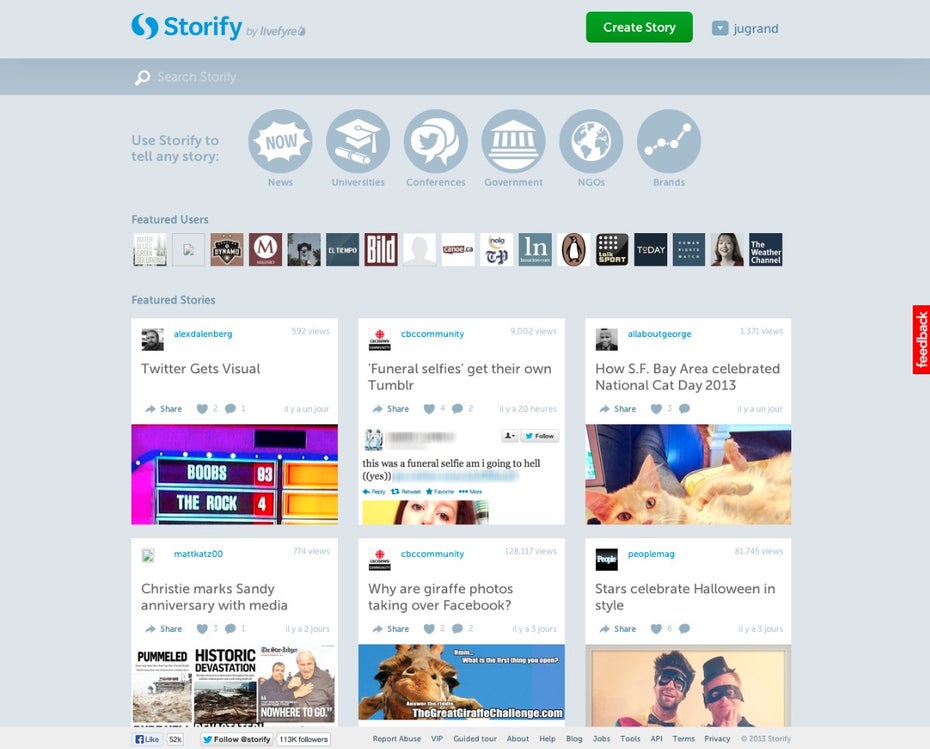 Von der Usability positioniert sich das Storytelling-Tool Storify irgendwo zwischen Tumblr und WordPress. (Screenshot: Storify)