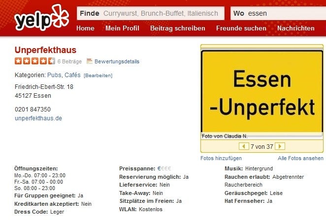 Yelps Filter: Nur 6 von 68 Bewertungen kamen durch. Glimpflich für das Unperfekthaus.