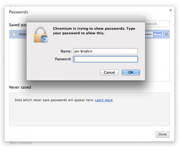 Chromium fragt Mac-Nutzer nun erneut nach dem Systempasswort, bevor Chrome-Passwörter im Klartext angezeigt werden. (Quelle: arstechnica.com/)