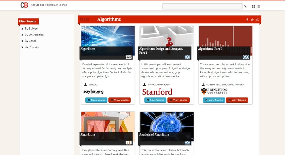 Coursebuffet.com listet die MOOC-Online-Angebote von dutzenden Universitäten und Zusammenschlüssen von Bildungseinrichtungen auf. (Screenshot: coursebuffet.com)