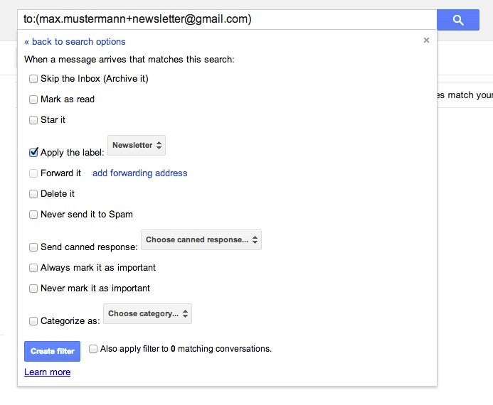 Alle einkommenden E-Mails, die an „max.mustermann+newsletter@gmail.com“ gerichtet sind, erhalten das Label „Newsletter“. (Bild: mail.google.com)