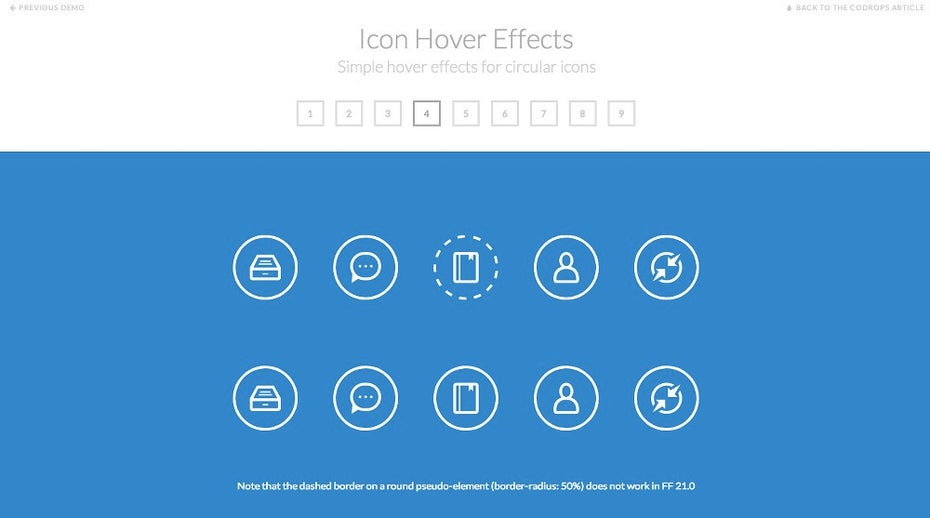 Diese Frontend-Demo zeigt verschiedene Hover-Effekte für kreisrunde Icons. (Screenshot: Codrops)