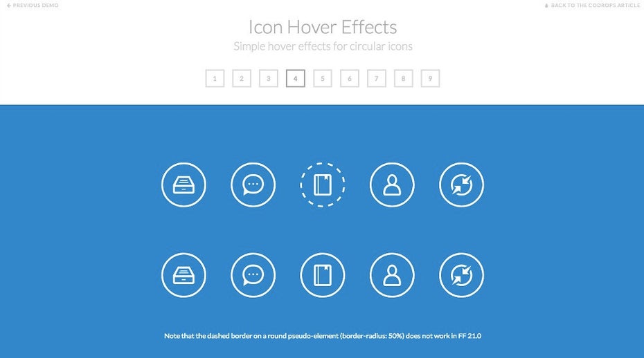 Diese Frontend-Demo zeigt verschiedene Hover-Effekte für kreisrunde Icons. (Screenshot: Codrops)