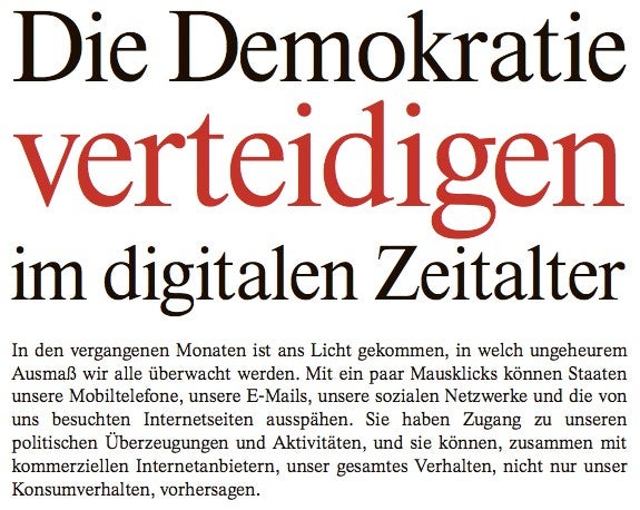 Writers Against Mass Surveillance: Ein Ausschnitt des vollständigen Aufrufs von 560 internationalen Schriftstellern gegen Massenüberwachung. (Quelle: Frankfurter Allgemeine Sonntagszeitung vom 10. Dezember 2013; Seite 27)