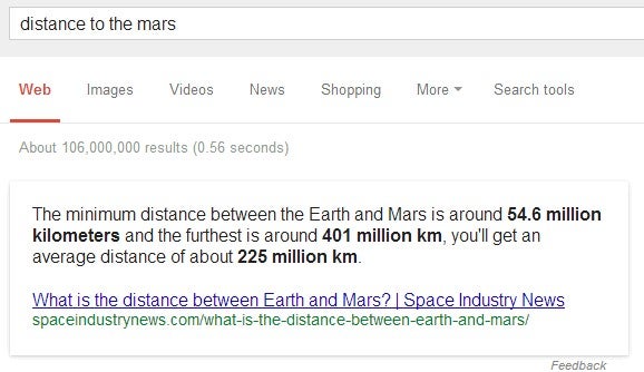 Semantische Suche: "Distance to mars?" (Screenshot: Google-Suche)