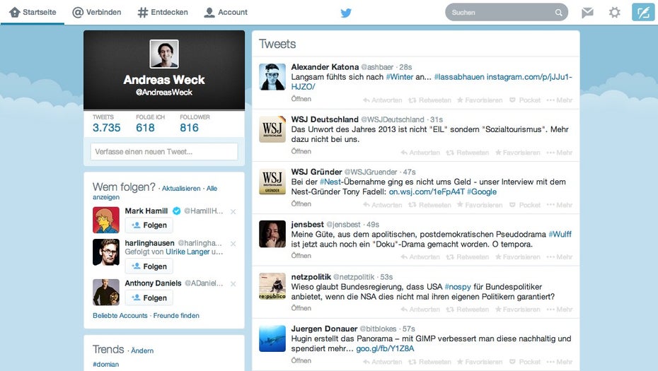 Der Twitter-Newsfeed im neuen Design: Prominenteres Augenmerk für die Profilbeschreibung. (Screenshot: Twitter)