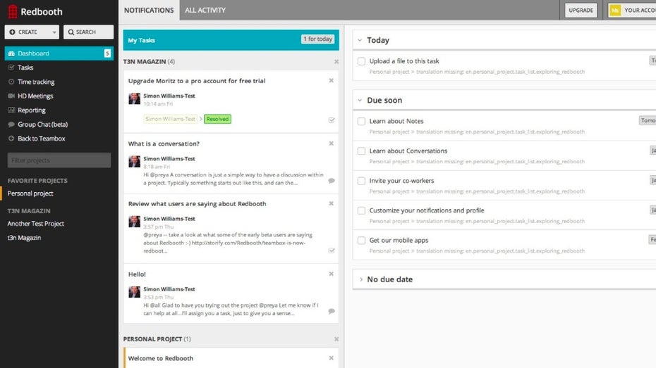 Redbooth: Das Dashboard bietet eine Übersicht über die gesamte Firma. (Screenshot: redbooth.com)