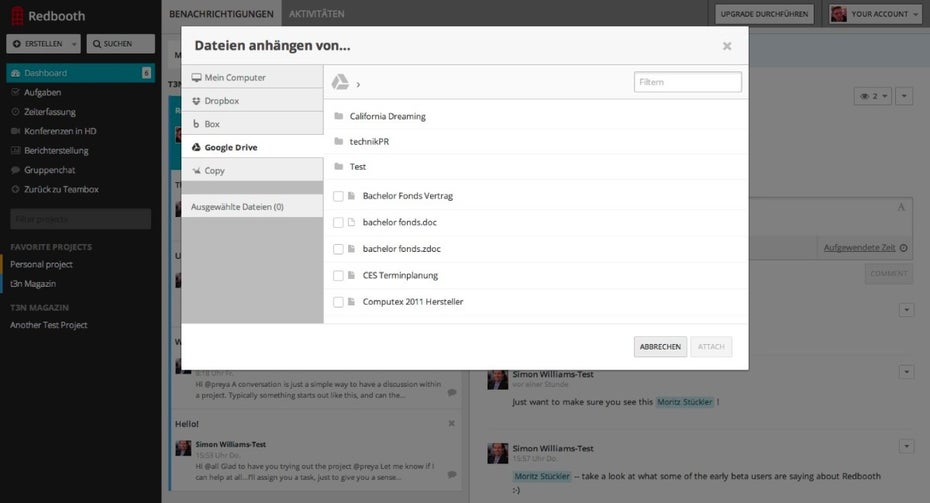 Redbooth kann auch auf Dateien in Dropbox, Google Drive oder Box zugreifen. (Screenshot: redbooth.com)