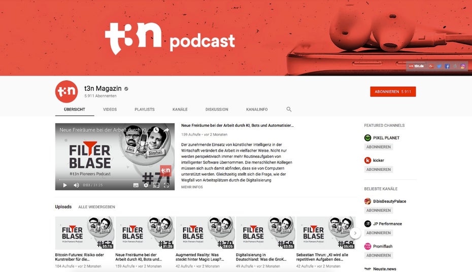 Unser hauseigener Youtube-Kanal für das t3n-Magazin: Auch die CI ist für die YouTube-Strategie wichtig. (Screenshot: YouTube)