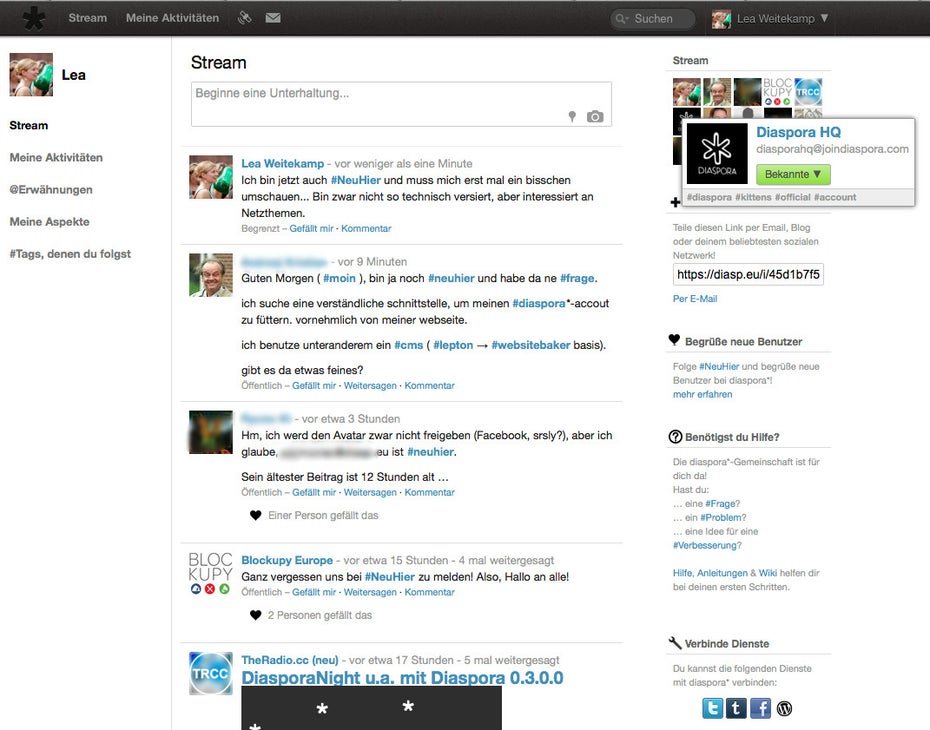 Der Aufbau von Diaspora ähnelt dem von Facebook. (Screenshot: Diaspora)