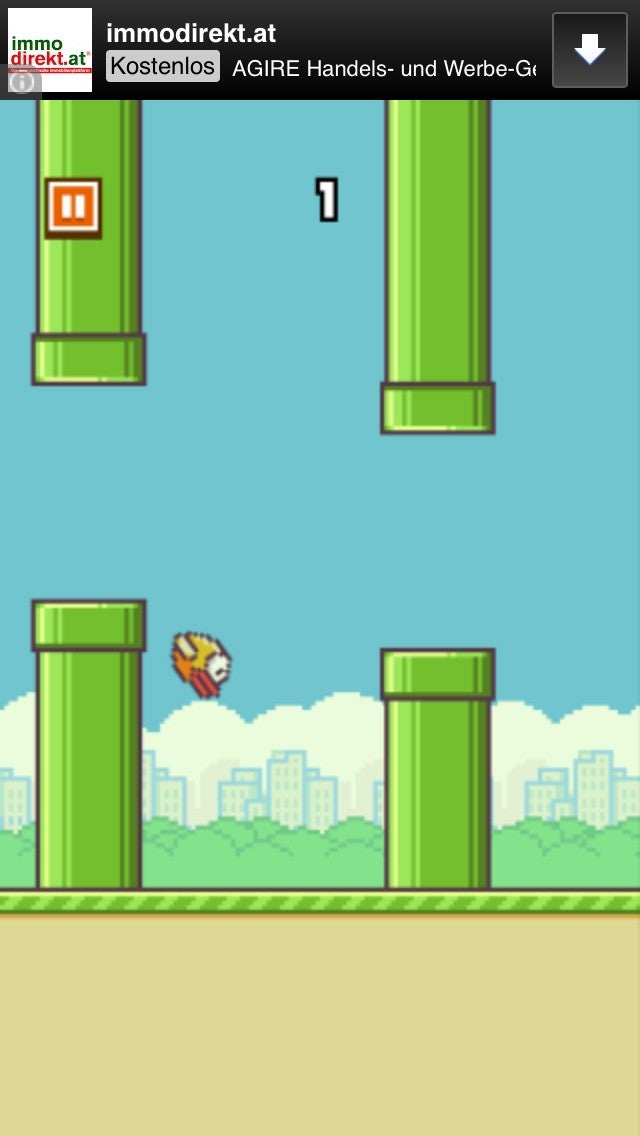 Flappy Bird: Das kostenlose Spiel ist der neuste App-Erfolg und bringt dem vietnamesischen Entwickler 50.000 Dollar pro Tag ein – nur durch Werbeeinnahmen. (Screenshot: Flappy Bird)