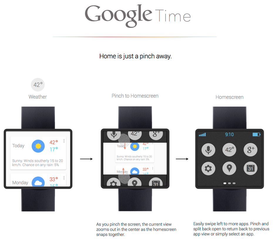 So könnte die Google Smartwatch aussehen: Die Datenuhr soll aktuellen Berichten zufolge ein Farb-Display und ein Kunstoffarmband erhalten. Die Uhr setzt auf Google Now. (Foto: © Adrian Maciburko / Dribbble)
