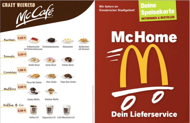 Der McDonald's Lieferservice in Osnabrück verlangt keine Liefergebühr, dafür sind die Preise höher angesetzt als im Restaurant.Zusätzlich wurden die Beträge gerundet um den Bedarf an Wechselgeld zu minimieren. (Screenshot: McDonald's Eckstein)