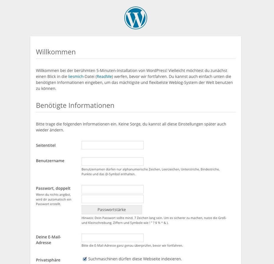 Konfigurationsseite der WordPress-Installation. (Screenshot: eigene WordPress-Installation)