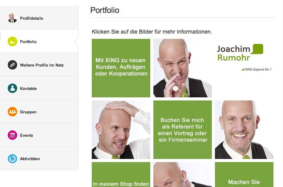 Der selbsternannte „Xing-Experte Nr. 1“ Joachim Rumohr setzt in seinem Nutzerprofil auf das sogenannte Portfolio. (Screenshot: t3n)