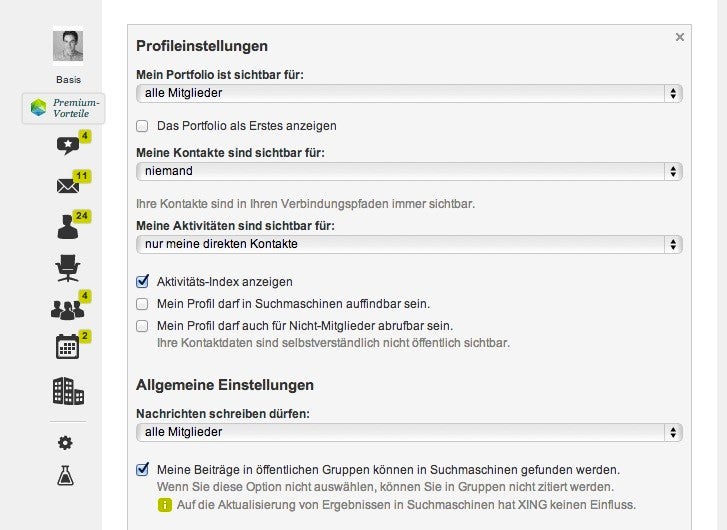 Die Option zur Sichtbarmachung des Xing-Profils in Suchmaschinen findet sich in den Einstellungen. (Screenshot: t3n)