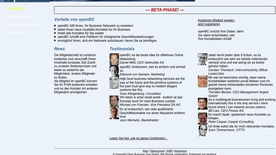 Die Website von XING (damals noch Open BC) 2003. (Screenshot: Wayback Machine)