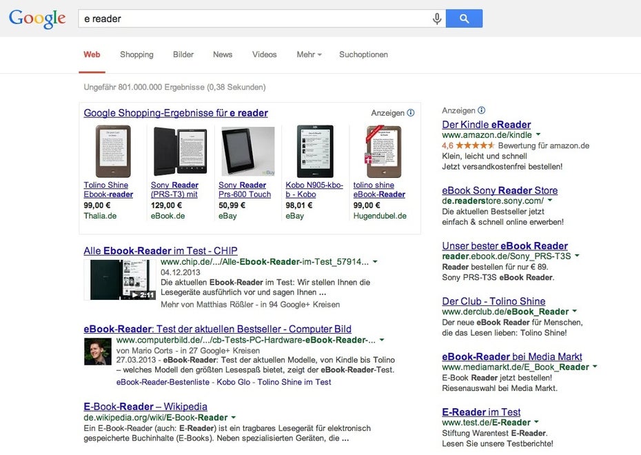 Rich Snippets bei den Suchergebnissen zum Keyword „e reader“. (Screenshot: t3n.de)