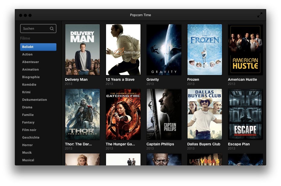 Popcorn Time bietet die neusten Hollywood-Spielfilme in HD-Qualität – illegalerweise. (Screenshot: Popcorn Time)