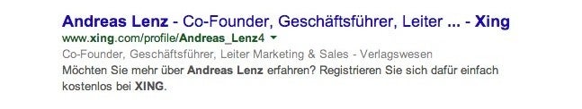 Xing bemüht sich mithilfe von Rich Snippets um klickstarke Ergebnisse. (Screenshot: t3n)