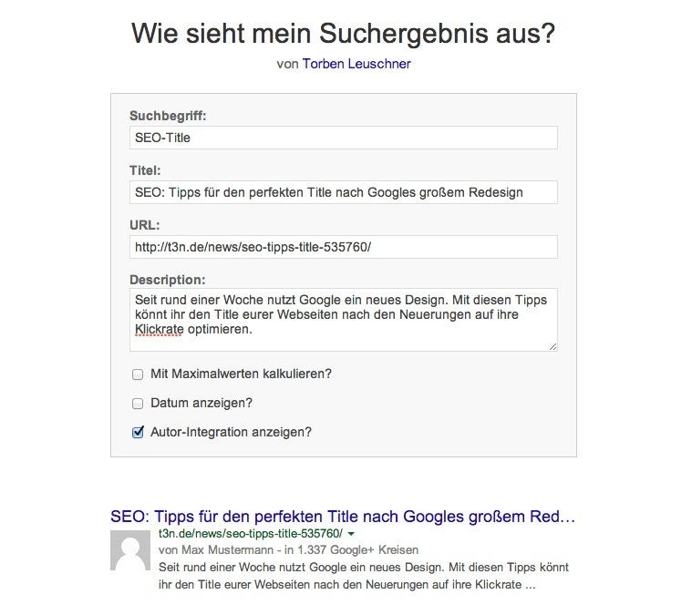 SEO: das Title-Preview-Tool von Torben Leuschner. (Screenshot: torbenleuschner.de)