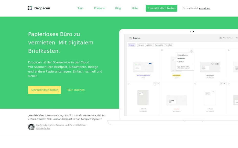 Startups auf der CeBIT: Dropscan aus Berlin will das papierlose Büro mit einem digitalen Postkasten verwirklichen. (Screenshot: Dropscan)