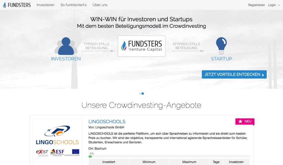 Der Name Fundsters klingt groß, dabei kommt die deutsche Plattform, die schon 730.000 Euro gesammelte hat, aus Meerbusch bei Krefeld. (Screenshot: t3n)