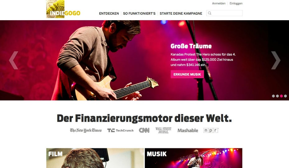 Crowdfunding mit Indiegogo: Die bekannte Plattform mit US-amerikanischen Wurzeln verspricht die größte Reichweite. (Screenshot: t3n)