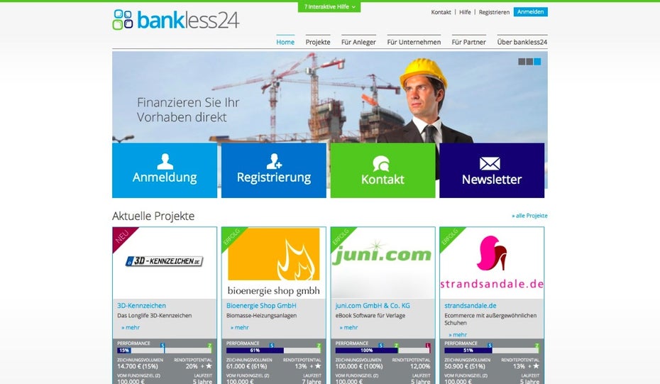 Mit Bankless24 finden auch mittelständische Unternehmen einen Platz an der Crowdinvesting-Sonne. (Screenshot: t3n)