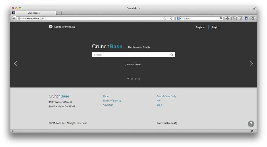 Crunchbase 2.0: Die neue Version der Startup-Datenbank. (Screenshot: Crunchbase)
