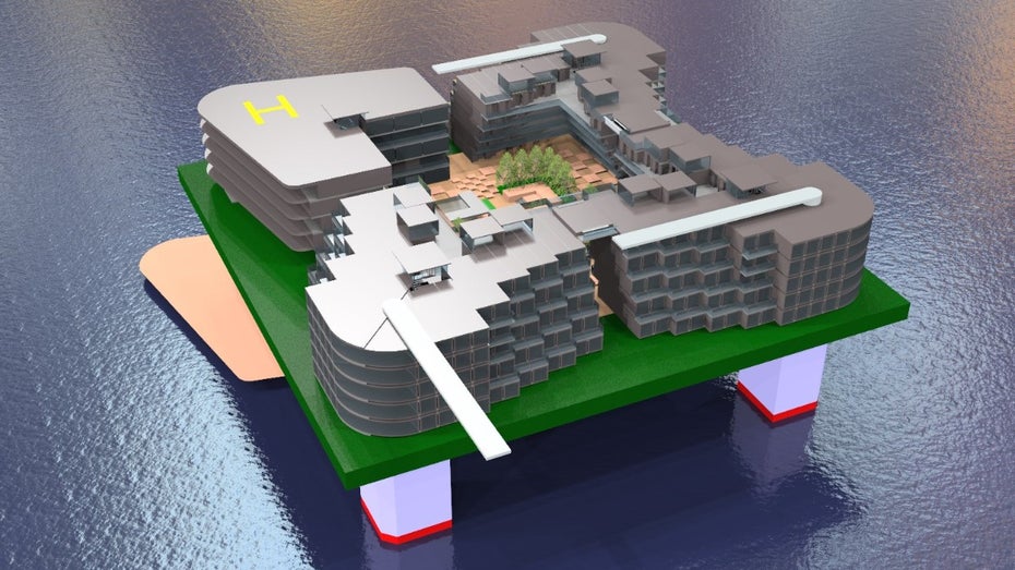 Schwimmende Co-Working-Spaces entstehen. (Grafik: seasteading.org) Der Traum von der Gesetzlosigkeit: Coworking in internationalen Gewässern