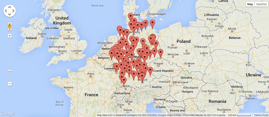 Alle Hackerspaces in Deutschland auf einen Blick. (Screenshot: hackerspaces.org / Google Maps)