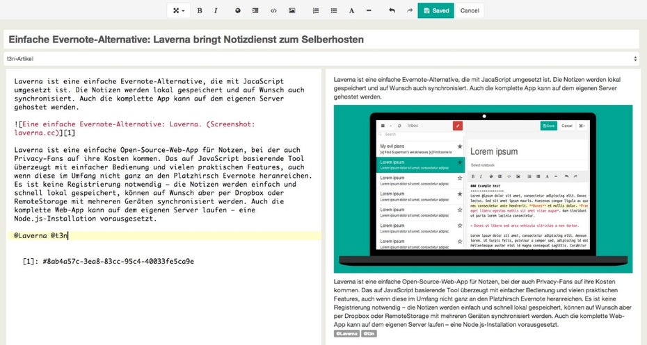 Laverna kommt mit einem übersichtlichen Editor-Fenster und zeigt auf Wunsch direkt eine Vorschau des Geschriebenen an. (Screenshot: Laverna)