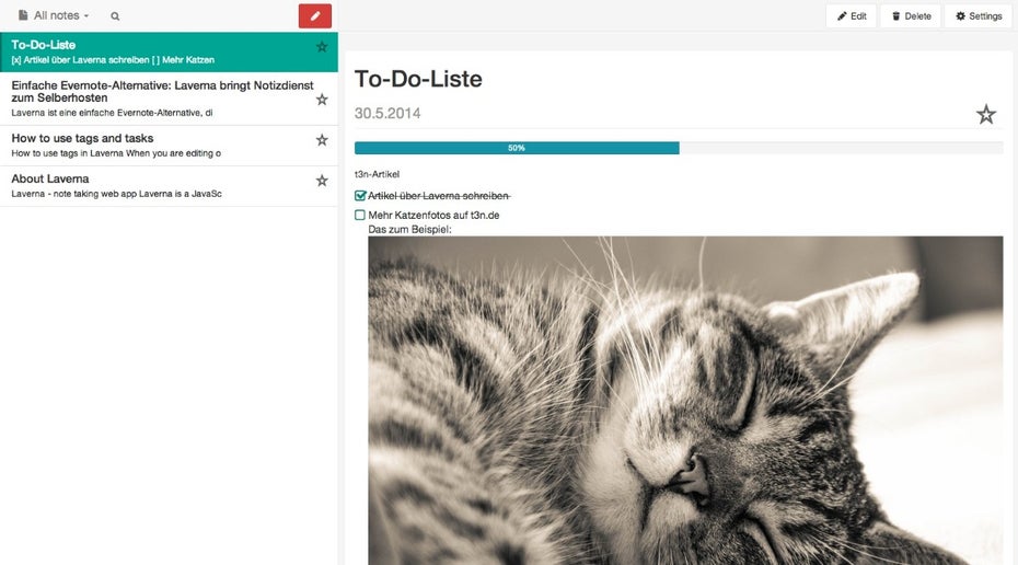 Die Evernote-Alternative Laverna ermöglicht es, Notizen auch einfach als To-Do-Liste zu nutzen. In der Notizansicht lassen sich Punkte dann direkt abhaken. (Screenshot: Laverna)