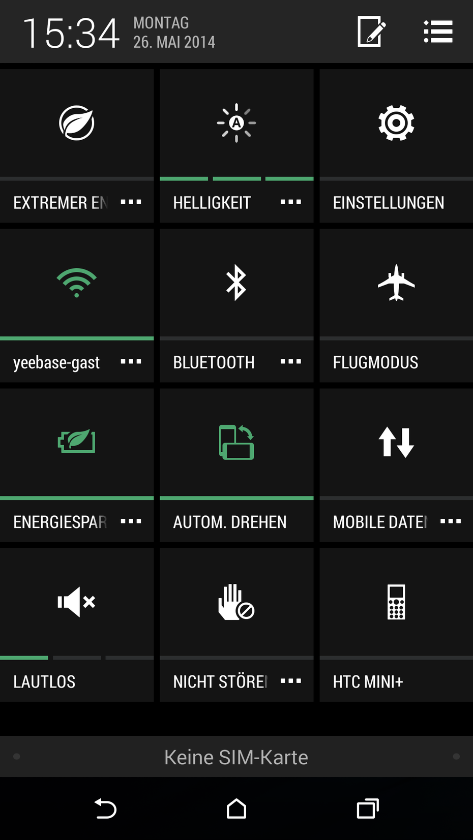 Ein Vorteil von HTC Sense gegenüber Stock-Android: Die Schnelleinstellungen lassen sich konfigurieren. (Screenshot: HTC One M8)