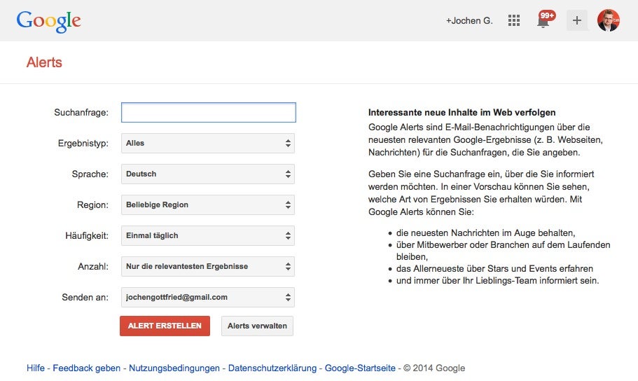 Mit Diensten wie Google Alert lassen sich kleine Aufgaben zur Wettbewerbsbeobachtung automatisieren.  (Screenshot: Google)