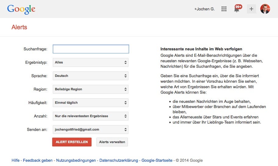Mit Diensten wie Google Alert lassen sich kleine Aufgaben zur Wettbewerbsbeobachtung automatisieren. (Screenshot: Google)