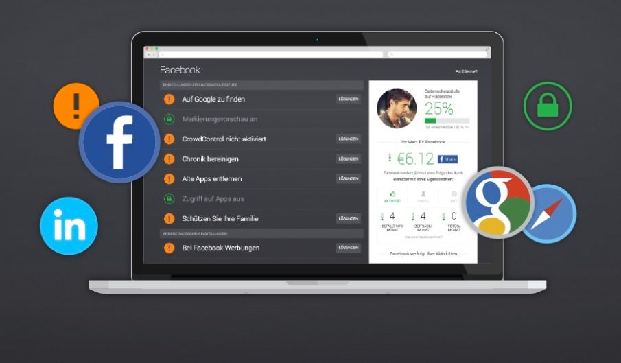 Der eigentliche Zweck von PrivacyFix besteht darin, Datenschutzeinstellungen von Facebook und Google sowie Tracking in einem einheitlichen Dashboard vorzunehmen. (Bild: AVG)