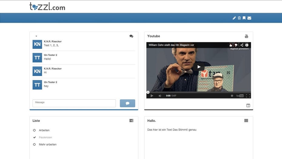 Tozzl: Auf der digitalen Pinnwand lassen sich neben einem Chat-Widget auch Texte, Listen, Videos und andere Inhalte ablegen. (Screenshot: Tozzl)